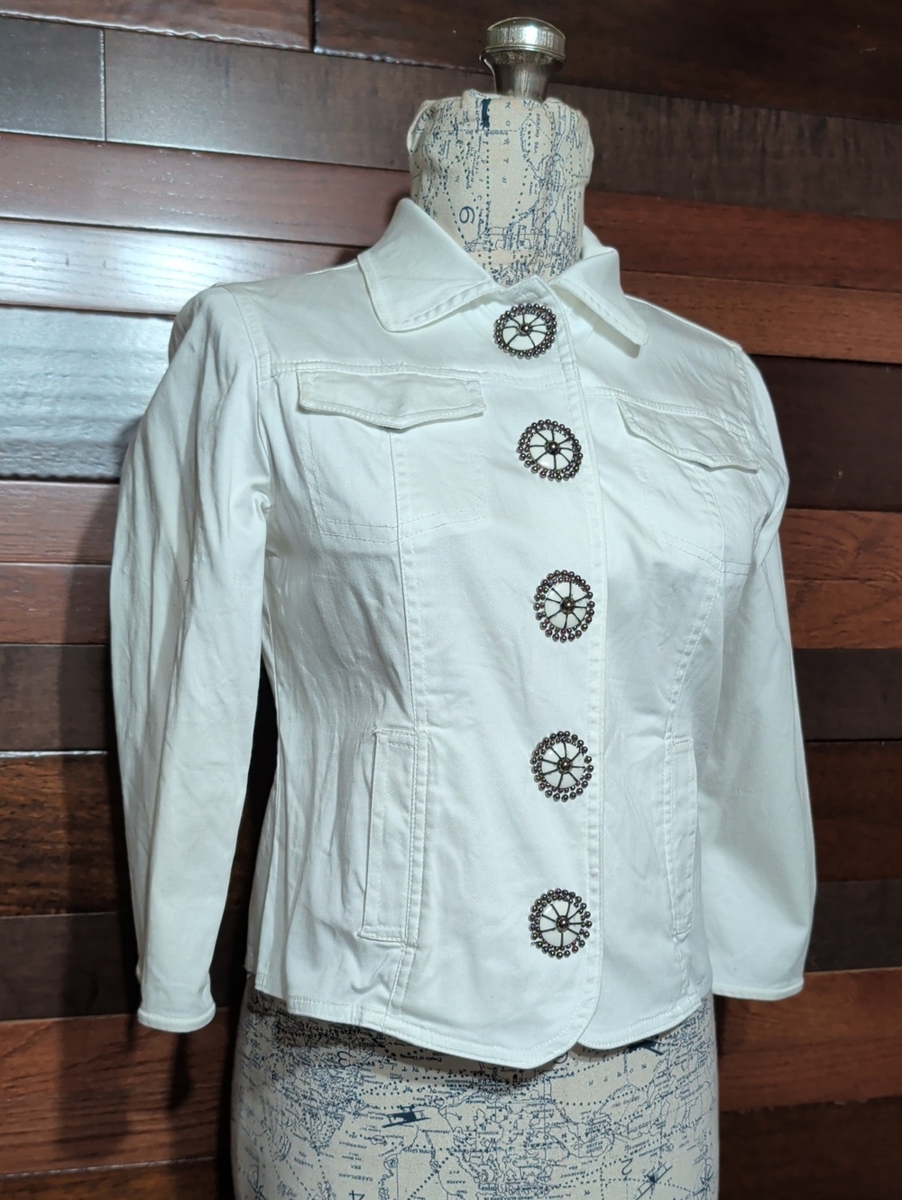 Ruby Rd. White Button-Front Jean Jacket with Decorative Medallion Buttons - Picture 2 of 9